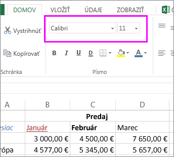 Výber iného štýlu alebo veľkosti písma pomocou tlačidiel písma na páse s nástrojmi