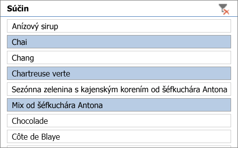 Rýchly filter s vybratými položkami