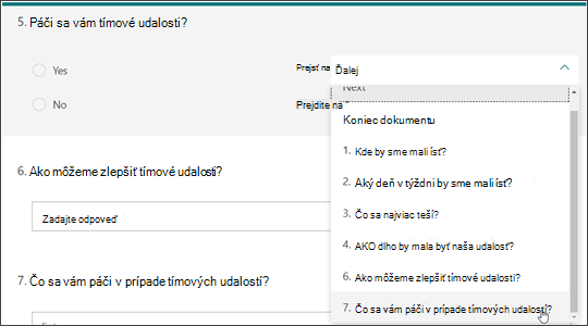 Vytvorenie vetvení na iné otázky na základe odpovede na inú otázku