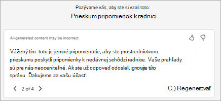 Kopilot automaticky vygeneruje navrhovaný text pozvánky. Tu môžete upraviť text alebo vybrať položku Prepísať kopilotom a požiadať ho o vygenerovanie novej verzie.