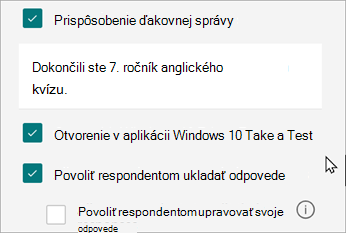 Nastavenia kvízu zobrazia možnosť pre odpovede špecifické pre kvízy: Otvoriť v Windows 10 Otestovať