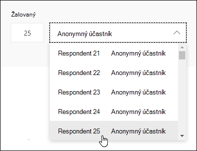 Do vyhľadávacieho poľa respondenta zadajte konkrétne číslo, aby sa zobrazili podrobnosti o odpovedi jednotlivých osôb v Microsoft Forms