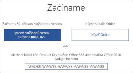 Zobrazuje obrazovku Začíname, ktorá označuje, že skúšobná verzia služieb Office 365 je súčasťou tohto zariadenia