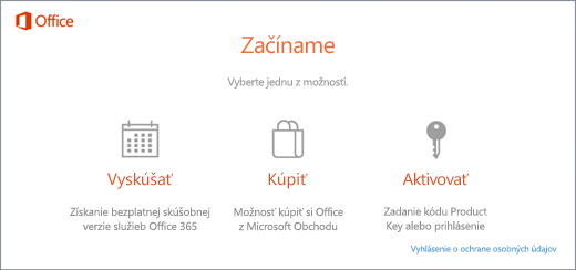 Snímka obrazovky s predvolenými možnosťami na vyskúšanie, kúpu alebo aktiváciu pre počítač, v ktorom bol predinštalovaný Office.