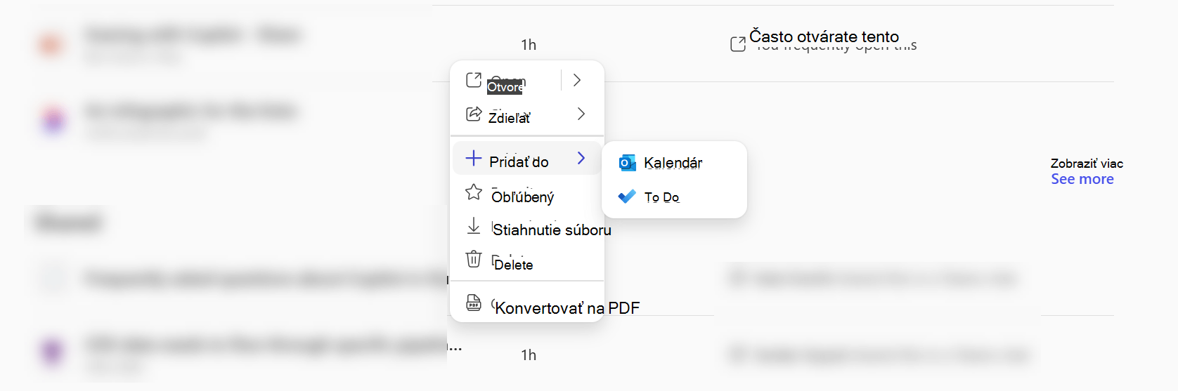 Kontextová ponuka v aplikácii Microsoft 365 Copilot zobrazujúca, že súbor môžete pridať do aplikácie Calendar alebo Do.