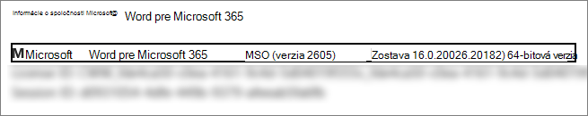 Snímka obrazovky znázorňujúca verziu, zostavu a bitovú verziu Wordu.