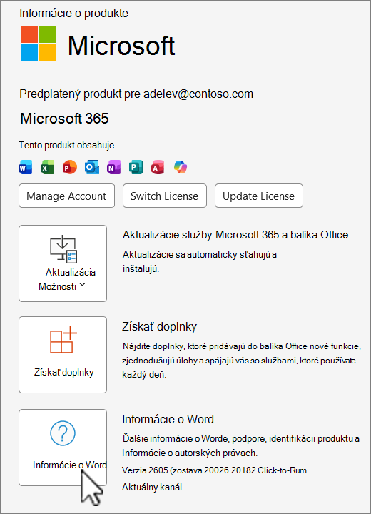 Snímka obrazovky zobrazujúca zobrazenie verzie služieb Office 365.