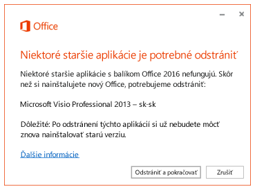 Chybové hlásenie s výzvou na odstránenie starších aplikácií