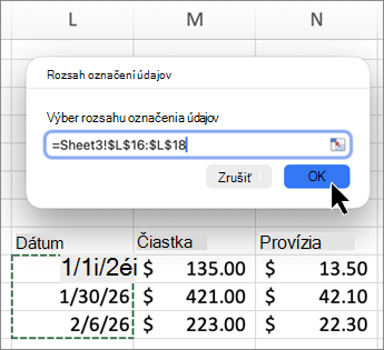 Snímka obrazovky rozsahu označení údajov v Macu v Exceli.