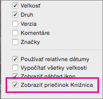 Zobrazenie nastavenia súborov knižnice v možnostiach Zobraziť vo Finderi