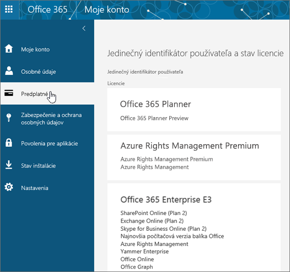 Stránka Predplatné na Office 365