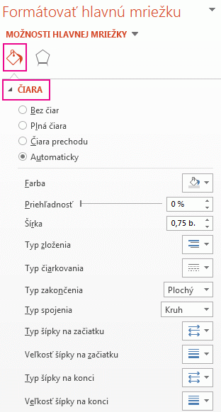 Ikona Čiara v časti možností na table Formátovať vodiace čiary
