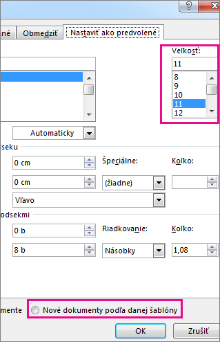 Karta Nastaviť ako predvolené v dialógovom okne Správa štýlov
