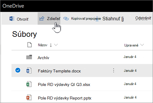 OneDrive s vybratým súborom a stlačeným tlačidlom Zdieľať