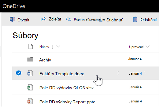 OneDrive s vybratým súborom