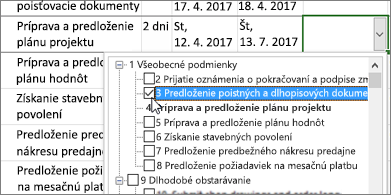 Projektový plán s rozbaľovacím zoznamom úloh