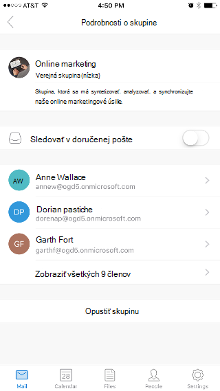 Zobrazuje stránku Podrobnosti skupiny s prepínačom Sledovať v priečinku doručenej pošty v hornej časti.
