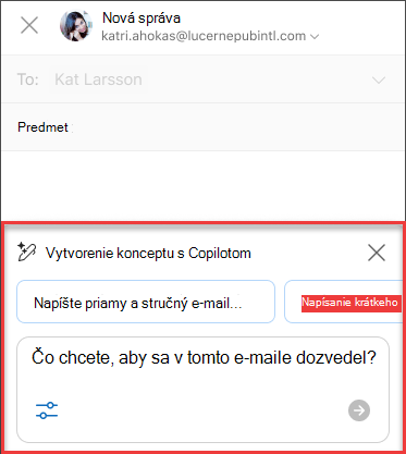 Niektoré Čo chcete v tomto e-maile povedať text pre koncept s Copilotom v Outlooku