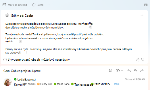 Súhrn postupnosti e-mailov s citáciami vytvorenými funkciou Copilot