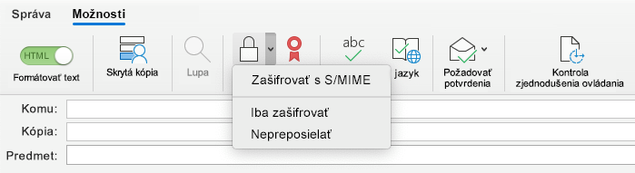 Možnosť Zašifrovať pomocou štandardu S/MIME