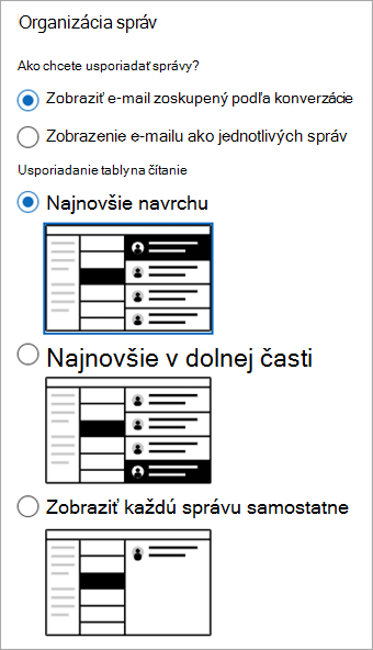 Snímka obrazovky sekcie Nastavenia > rozloženia pošty> zobrazujúca časť Organizácia správ