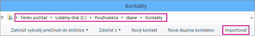 Prejdite do priečinka Kontakty a potom vyberte príkaz Importovať.