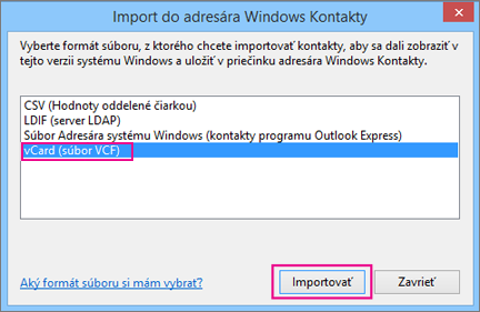 Vyberte vizitku a potom príkaz Importovať.