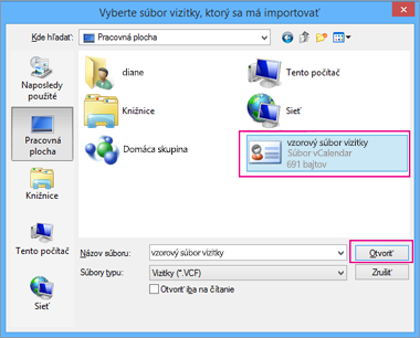 Vyberte súbor vizitky, ktorý chcete importovať do súboru .csv.