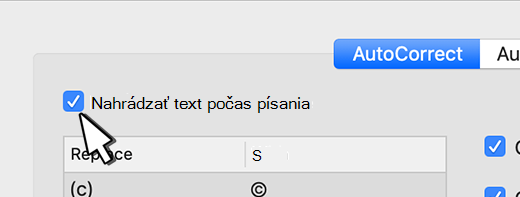 Začiarkavacie políčko nahrádzania textu počas písania v Outlooku pre Mac