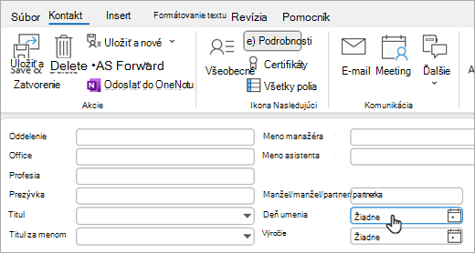 Snímka obrazovky so zobrazením Podrobnosti na karte kontaktu na pridanie narodenín alebo výročia