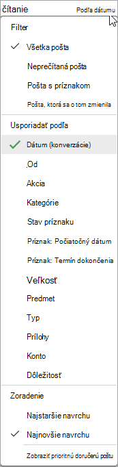 Snímka obrazovky s rozbaľovacím zoznamom Zoradiť správy