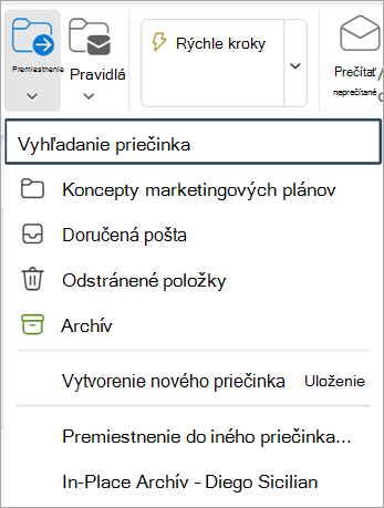 Výber položky Premiestniť z pása s nástrojmi