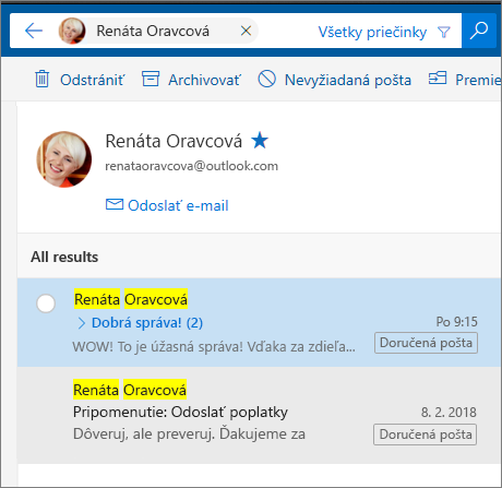 Vyhľadanie osoby na zobrazenie všetkých e-mailových správ