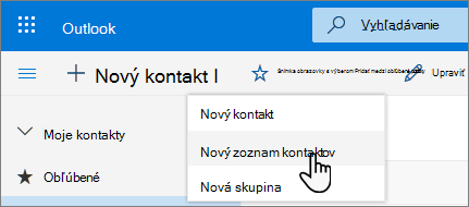 Snímka obrazovky s ponukou Nový kontakt a vybratou položkou Nový zoznam kontaktov