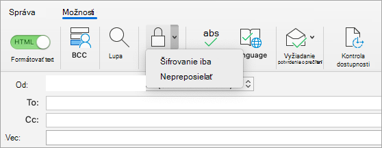 Zobrazenie tlačidla Zašifrovať v e-mailovej správe
