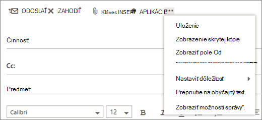 Snímka obrazovky zobrazuje možnosti dostupné v príkaze Ďalšie na paneli s nástrojmi e-mailových správ.