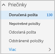 Snímka obrazovky s predvolenými poštovými priečinkami v časti Obľúbené položky.