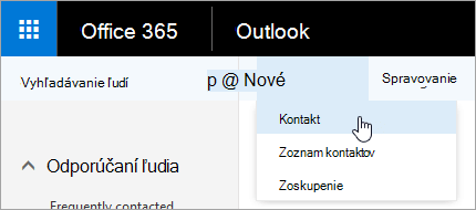 Snímka obrazovky s kontextovou ponukou tlačidla Nové a vybratou možnosťou Kontakt.