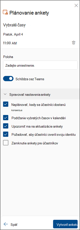 Snímka obrazovky plánovania ďalších krokov ankety