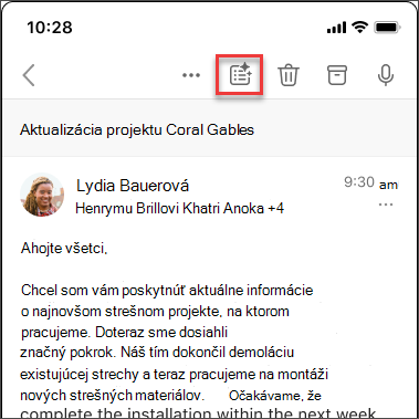 Ikona súhrnu funkcie Copilot na zhrnutie postupnosti e-mailov v systémoch iOS a Android.