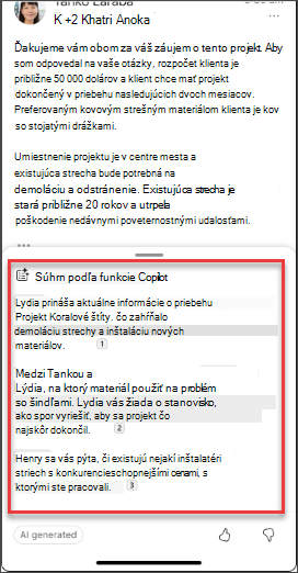 Súhrn e-mailu od funkcie Copilot v systémoch iOS a Android