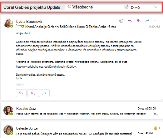 Ak chcete od funkcie Copilot získať súhrn postupnosti e-mailov, kliknite na položku Zhrnúť.
