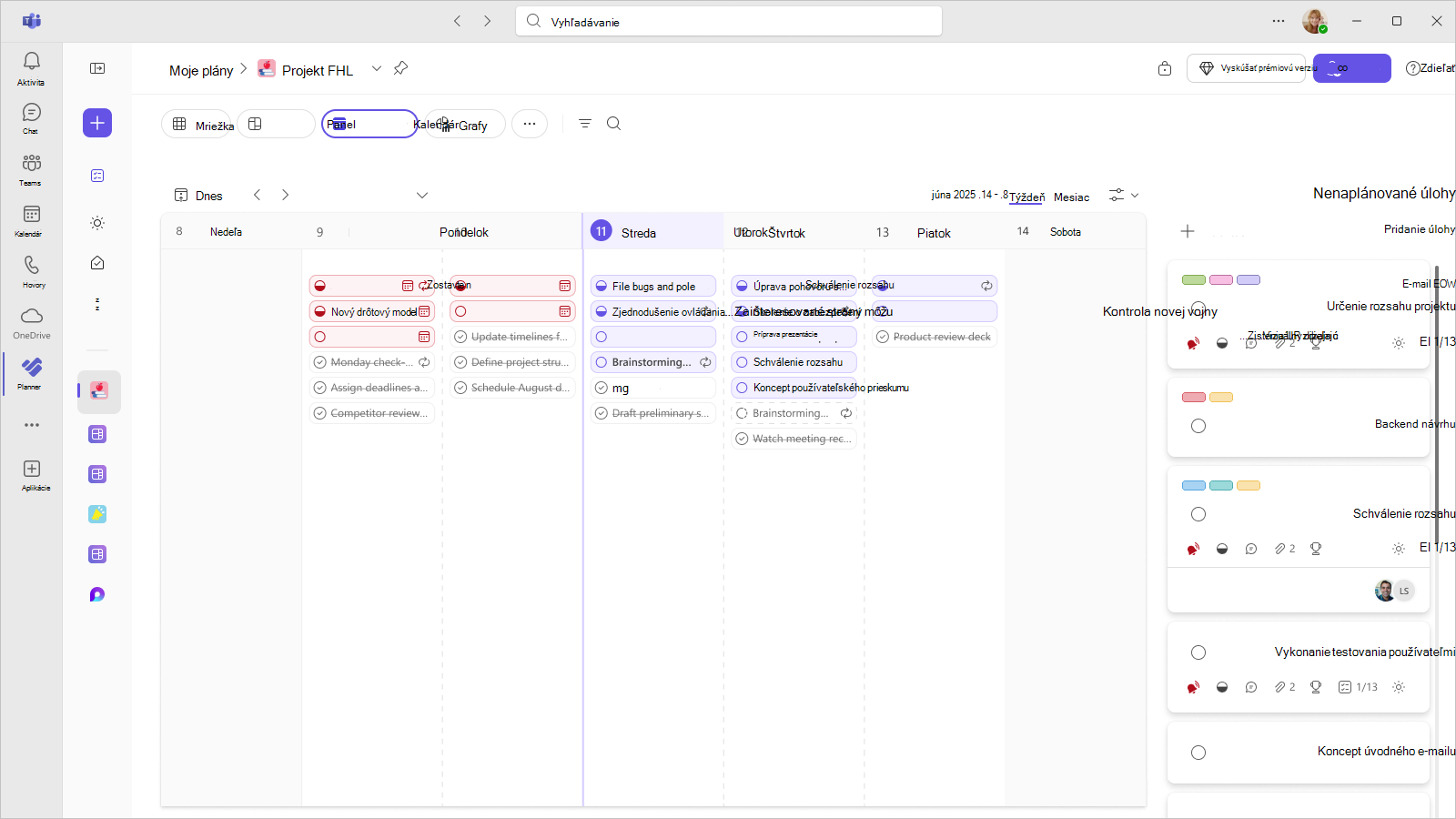 Snímka obrazovky s plánom v Planneri v aplikácii Teams zobrazuje zobrazenie Kalendár s úlohami používateľa na týždeň.