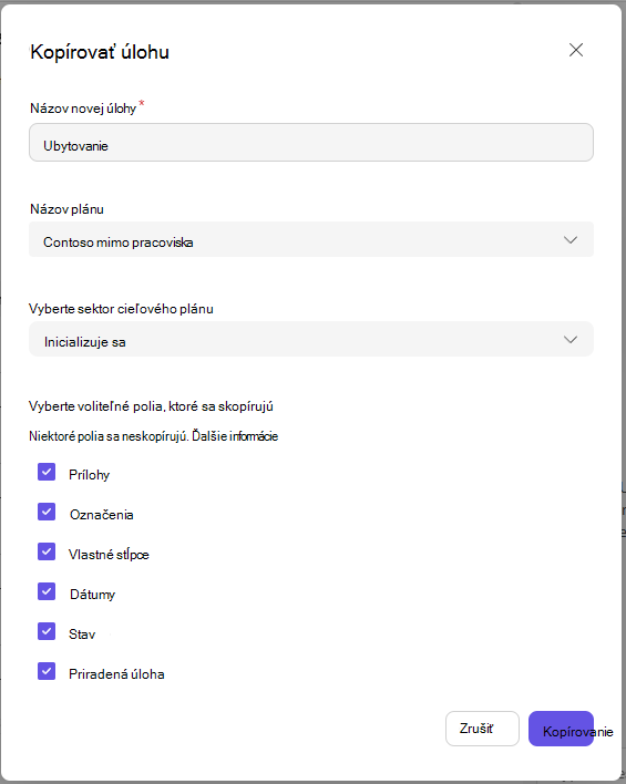 Dialógové okno kopírovania úlohy s cieľovými a voliteľnými poľami.