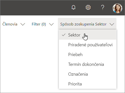 Snímka obrazovky s rozbaľovacím zoznamom Zoskupiť podľa v Planneri, výber možnosti Kontajner
