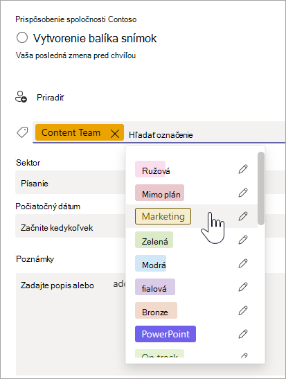 Výber označenia v podrobnostiach úlohy v Planneri