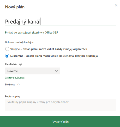Snímka obrazovky s dialógovým oknom Nový plán