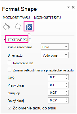 Možnosti textového poľa na table Formátovať tvar