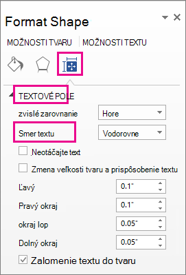 Výber smeru textu na table Formátovať tvar