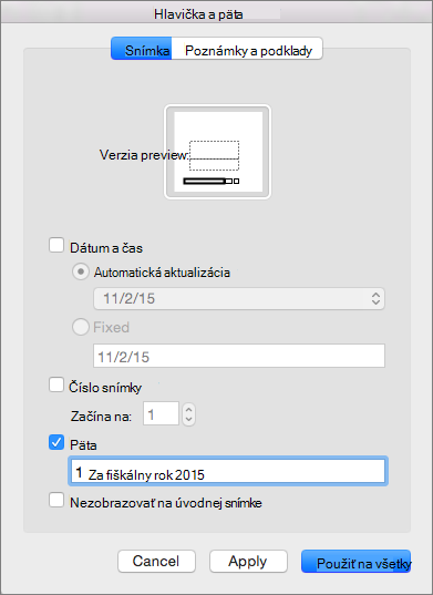 Začiarkavacie políčko Päta na karte Snímka v poli Hlavička & päta